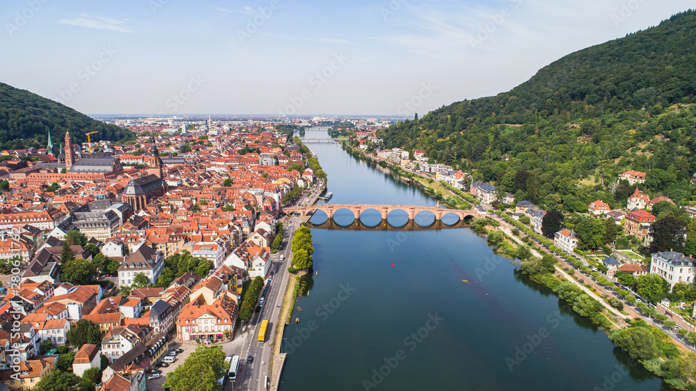 Aerial Capture of Heidelberg Old Town with Neckar River and Old Bridge or Karl Theodor Bridge