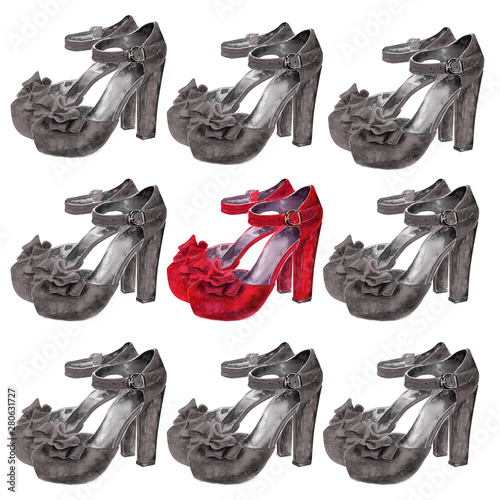 Watercolor background with women's shoes