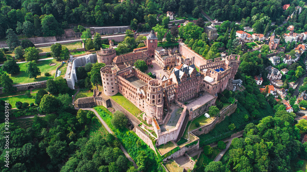 Aerial Capture of Heidelberg Castle and Old Town - obrazy, fototapety, plakaty 