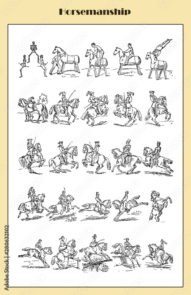 Illustrated table from an Italian lexicon of horse back riding with figures and positions representing recreational activities, artistic, military or cultural exercises and competitive sport