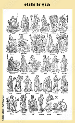 Mythology illustrated table representing the gods and goddesses of ancient Greece and Rome with their Italian names. From an Italian lexicon early '900