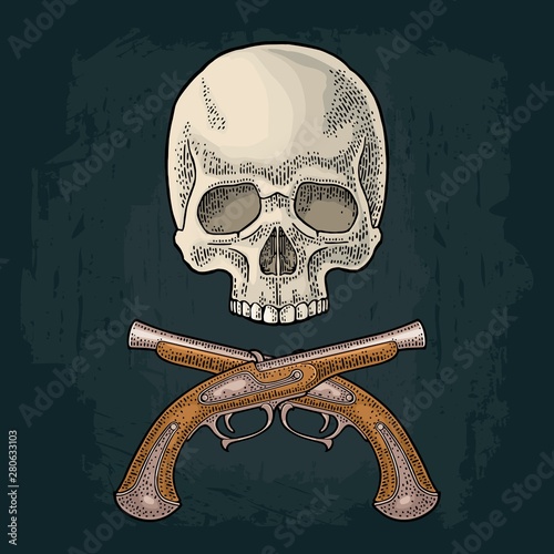 Skull and crossed pirate flintlock pistol. Vintage vector black engraving