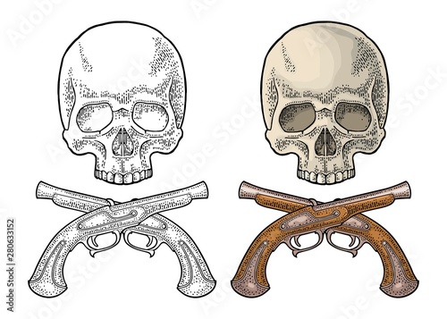 Skull and crossed pirate flintlock pistol. Vintage vector black engraving