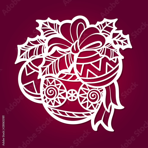 Template for laser cutting. Christmas balls with bow and mistletoe. Vector