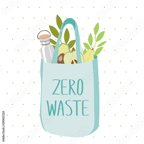 Eco fabric bag with leaves, vegan food and reusable bottle. Recycling eco bag instead of plastic one. Go green.  Save the planet. Eco life. Zero waste lifestyle.
