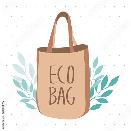 Eco fabric bag with leaves, vegan food and reusable bottle. Recycling eco bag instead of plastic one. Go green.  Save the planet. Eco life. Zero waste lifestyle.