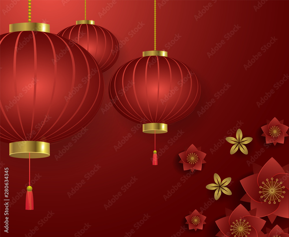 Chinese lanterns and flowers on red background Chinese lanterns and flowers on red background