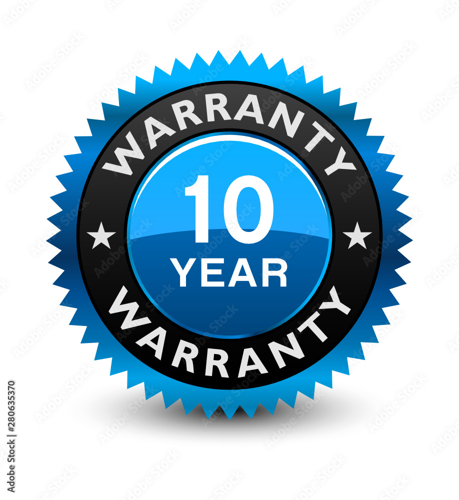 Excellent blue colored 10 year warranty seal, badge isolated on white background.