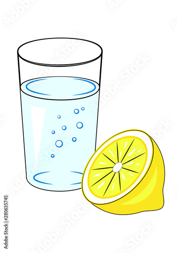 Water in glass with cut lemon isolated on white background. Vector illustration.