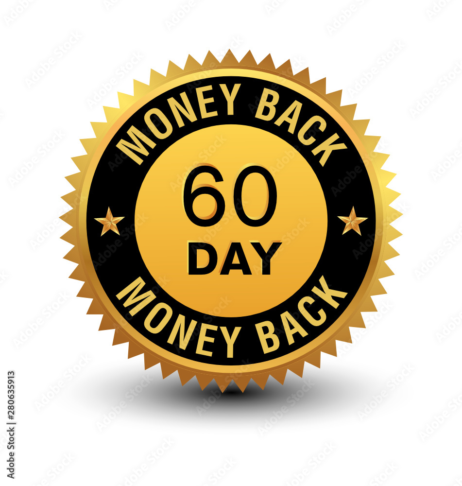 Heavy powerful high quality golden 60 day money back guaranteed badge, seal, stamp, sign isolated on white background. Heavy powerful high quality golden 60 day money back guaranteed badge, seal, stamp, sign isolated on white background.
