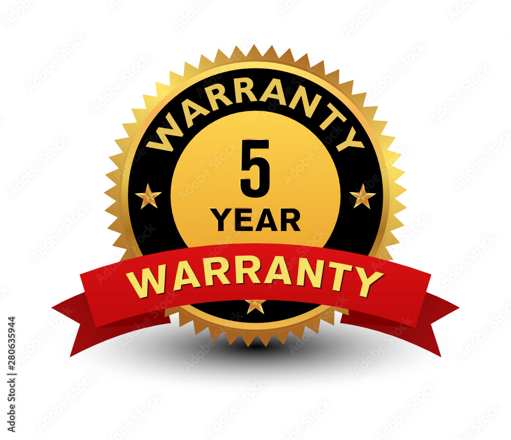 Heavy powerful high quality golden 5 year warranty badge, seal, stamp, sign with red ribbon isolated on white background. Heavy powerful high quality golden 5 year warranty badge, seal, stamp, sign with red ribbon isolated on white background.