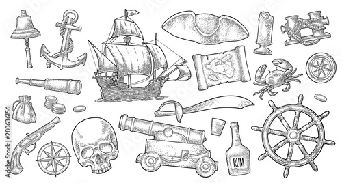 Set pirate adventure. Vector color vintage engraving