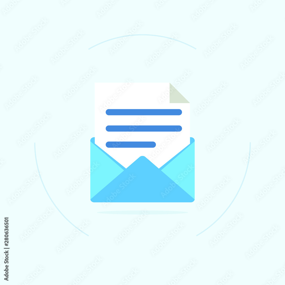 Open envelope with a document. New letter. Sending correspondence. Open envelope with a document. New letter. Sending correspondence.
