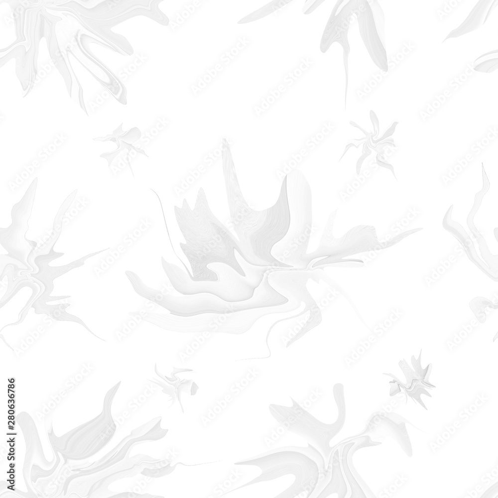 Pattern of white flowers with a marble abstract pattern in a modern style for wallpaper. Gray fantastic lilies for screensaver, seamless light background with texture of lines and streaks.