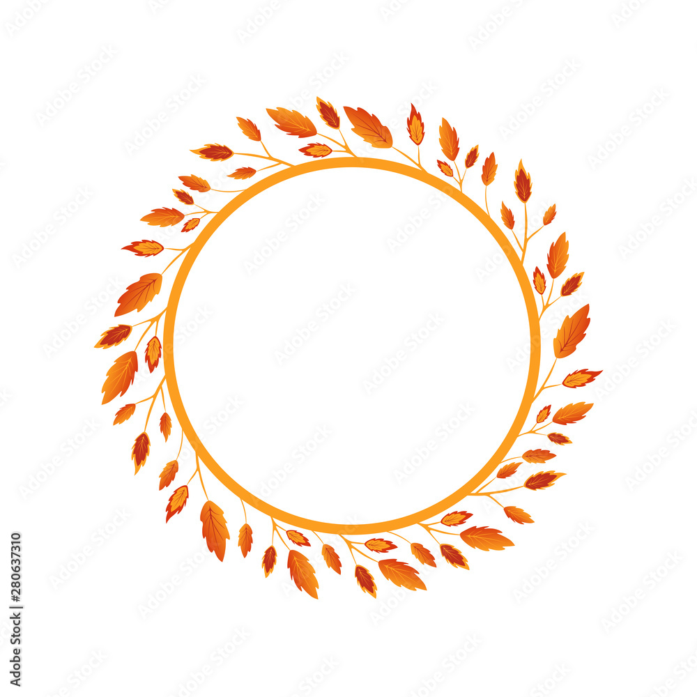 Naklejka premium Round frame with red and yellow autumn leaves. Blank template for decorating image, sale banner, wedding card and logo. The concept of a circle of foliage. Vector background in flat style.