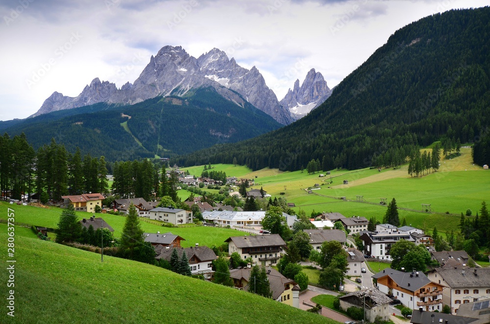 Landscape of Sesto-Sexten during summer season. Val Pusteria, Dolomites. South Tyrol in Italy.