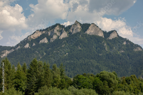 Mountain with green trees and clouds