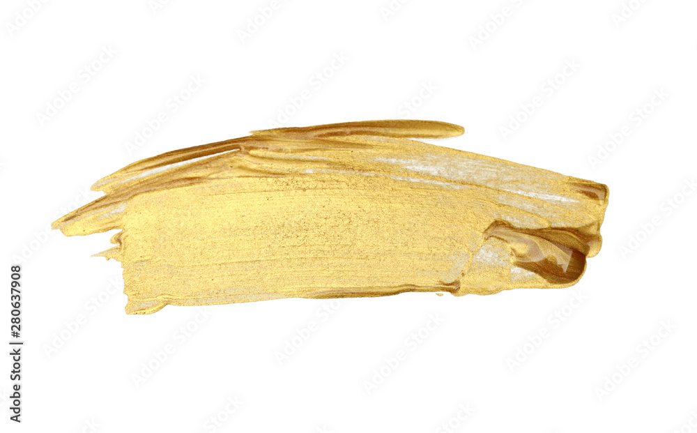 Gold (bronze) glittering color smear brush stroke stain blot on white background. Abstract Paint texture.