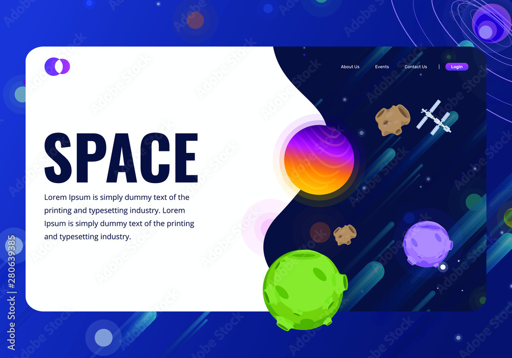 Landing page template for websites, or apps with open space, dynamic shapes, falling star and planets. Flat style. Vector illustration