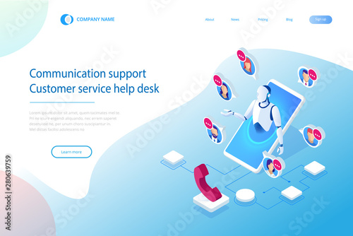 Isometric Communication support phone operator, Call center and Customer service help desk. Service desk consultant talking on a hands-free phone.