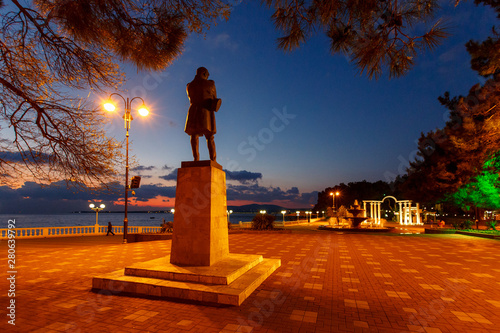 monument to Lermontov at sunset on the waterfront in the resort city of Gelendzhik