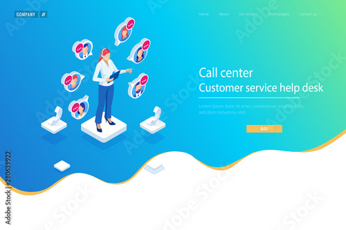 Isometric Communication support phone operator, Call center and Customer service help desk. Service desk consultant talking on a hands-free phone.