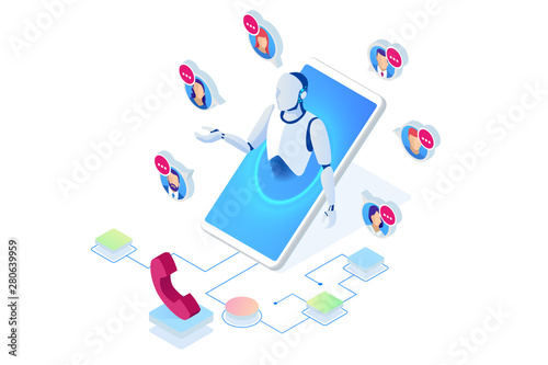 Isometric Communication support phone operator, Call center and Customer service help desk. Service desk consultant talking on a hands-free phone.
