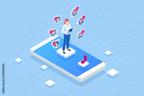 Isometric Communication support phone operator, Call center and Customer service help desk. Service desk consultant talking on a hands-free phone.