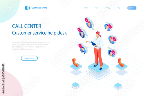 Isometric Communication support phone operator, Call center and Customer service help desk. Service desk consultant talking on a hands-free phone.