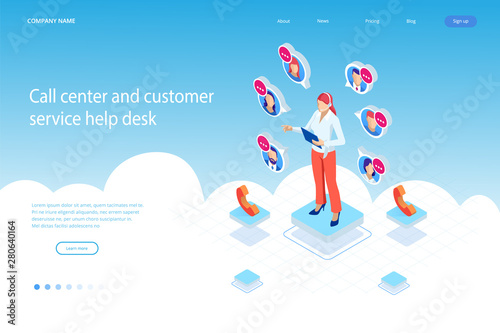 Isometric Communication support phone operator, Call center and Customer service help desk. Service desk consultant talking on a hands-free phone.