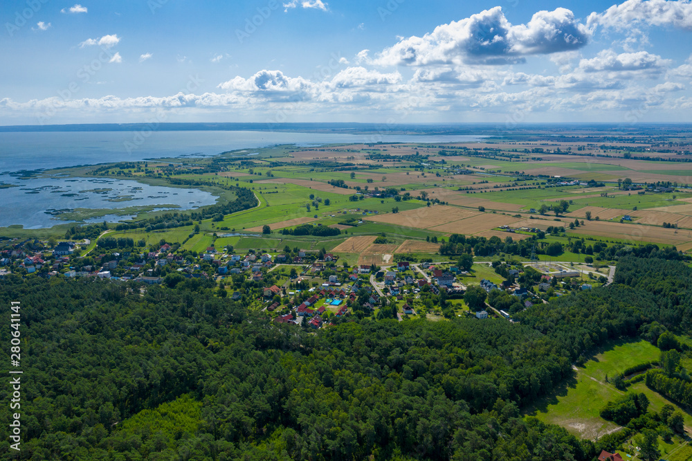 Aerial view of Vistula Split. Mierzeja Wislana Landscape Park. Photo made from above by drone.