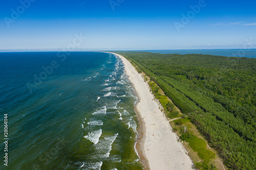 Aerial view of Vistula Split. Mierzeja Wislana Landscape Park. Photo made from above by drone. photo