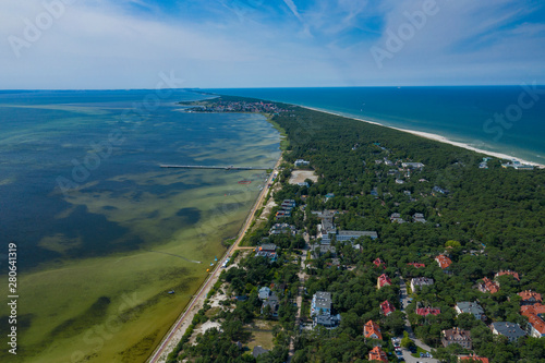 Aerial view of Hel Peninsula in Poland, Baltic Sea and Puck Bay (Zatoka Pucka) Photo made by drone from above. photo