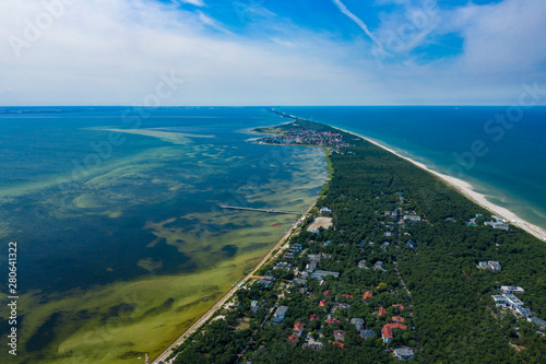 Aerial view of Hel Peninsula in Poland, Baltic Sea and Puck Bay (Zatoka Pucka) Photo made by drone from above.