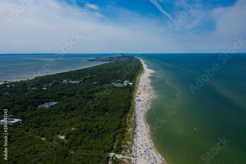 Aerial view of Hel Peninsula in Poland, Baltic Sea and Puck Bay (Zatoka Pucka) Photo made by drone from above. © Curioso.Photography