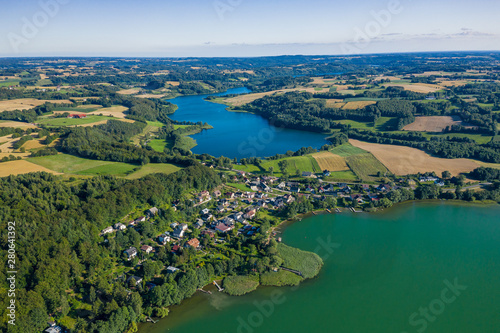 Aerial view of Kashubian Landscape Park. Kaszuby. Poland. Photo made by drone from above. Bird eye view.