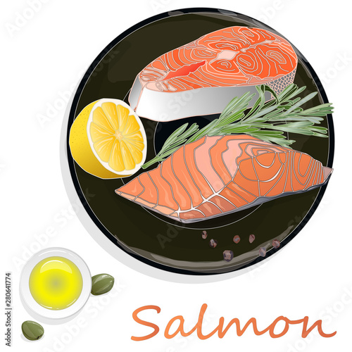 Raw salmon fillets with herbs on the plate. White background. Vector illustration