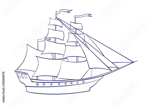 Vector outline sailing ship. Graphic cartoon illustration, frigate image isolated on white background for coloring book