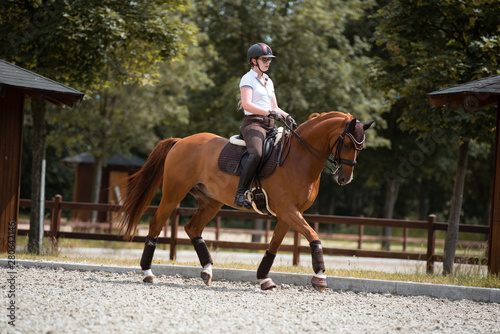 Reiterin trainiert mit ihrem Pferd auf einem Reitplatz