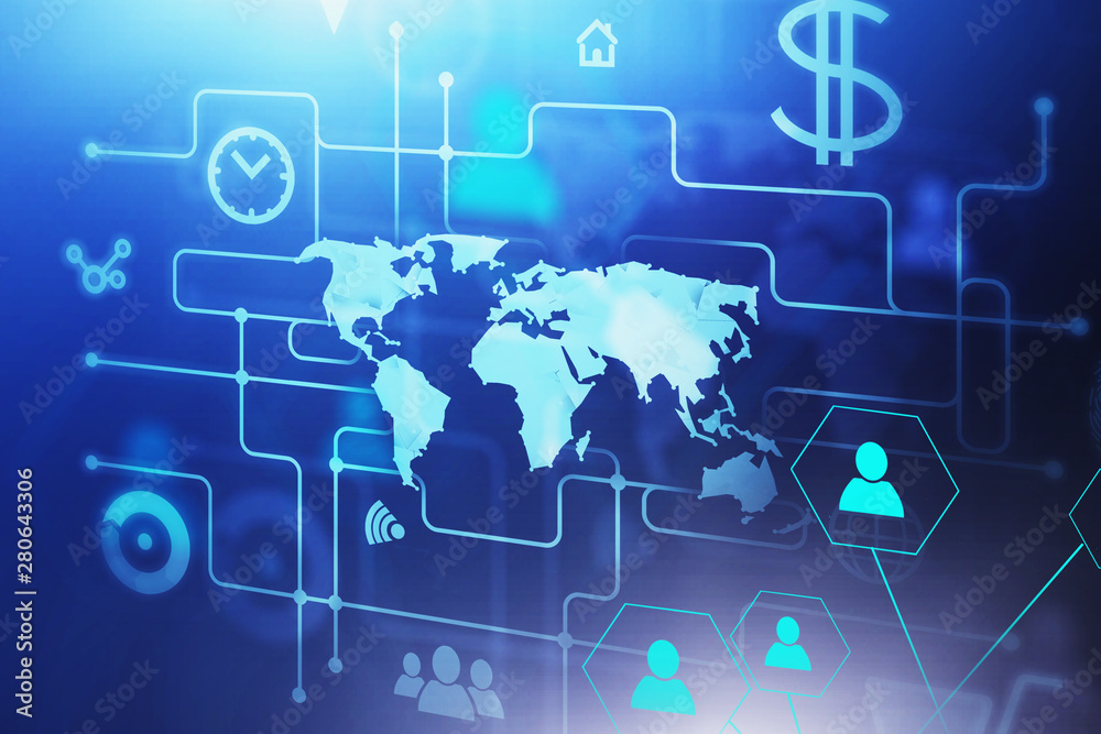 Digital business interface and world map Digital business interface and world map