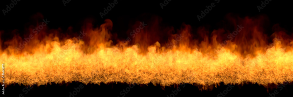Line of fire at bottom - fire 3D illustration of cosmic blazing fireplace, sylized frame isolated on black background
