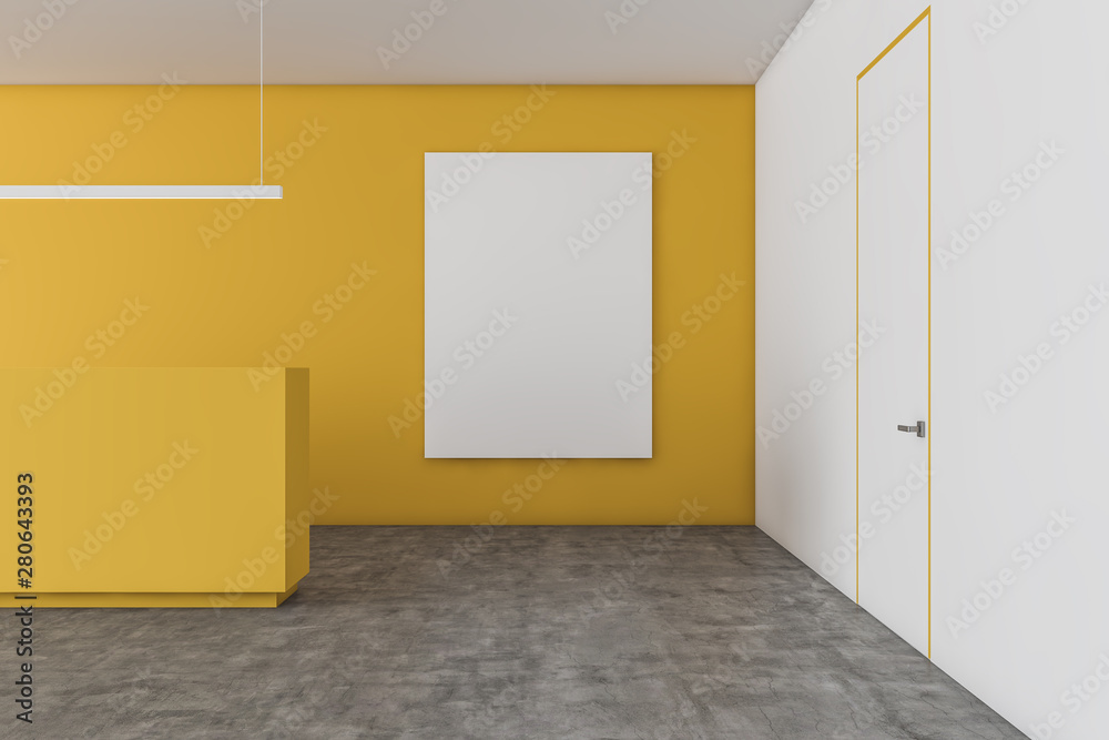 Yellow reception desk in yellow office with poster Yellow reception desk in yellow office with poster