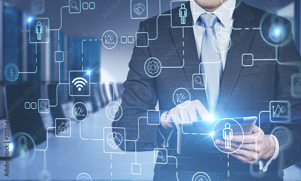 Man working with tablet in meeting room, internet Man working with tablet in meeting room, internet