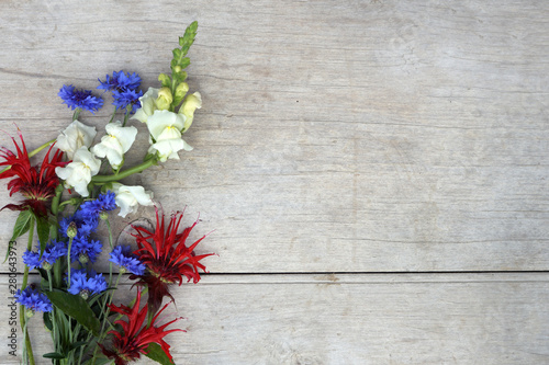 Horizontal image of red, white, and blue flowers against a weathered wood background, with copy space