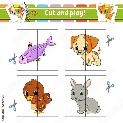 Cut and play. Flash cards. Color puzzle. Education developing worksheet. Activity page. Game for children. Funny character. Isolated vector illustration. Cartoon style.