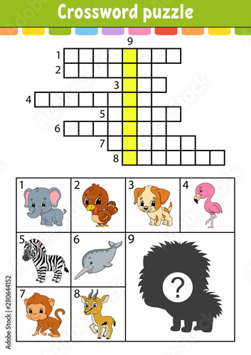 Crossword puzzle. Education developing worksheet. Activity page for study English. With color pictures. Game for children. Isolated vector illustration. Funny character. Cartoon style.