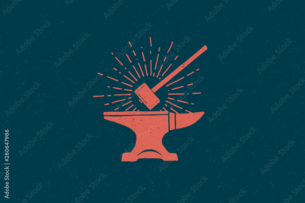 Hand drawn red hammer and anvil in the rays of light. Black metal work