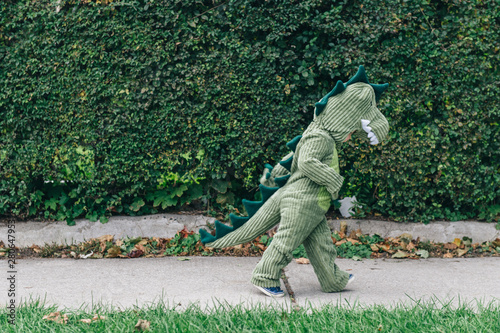 Toddler in a dinosaur costume