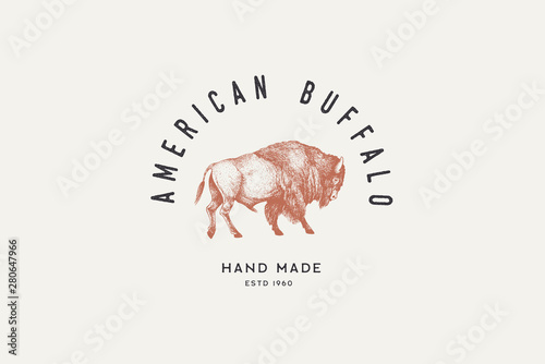Print op canvas Hand drawing of American bison in retro engraving style