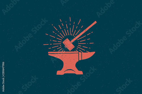Hand drawn red hammer and anvil in the rays of light. Black metal work. Blacksmithing vintage label. Monochrome style. Vector illustration. photo